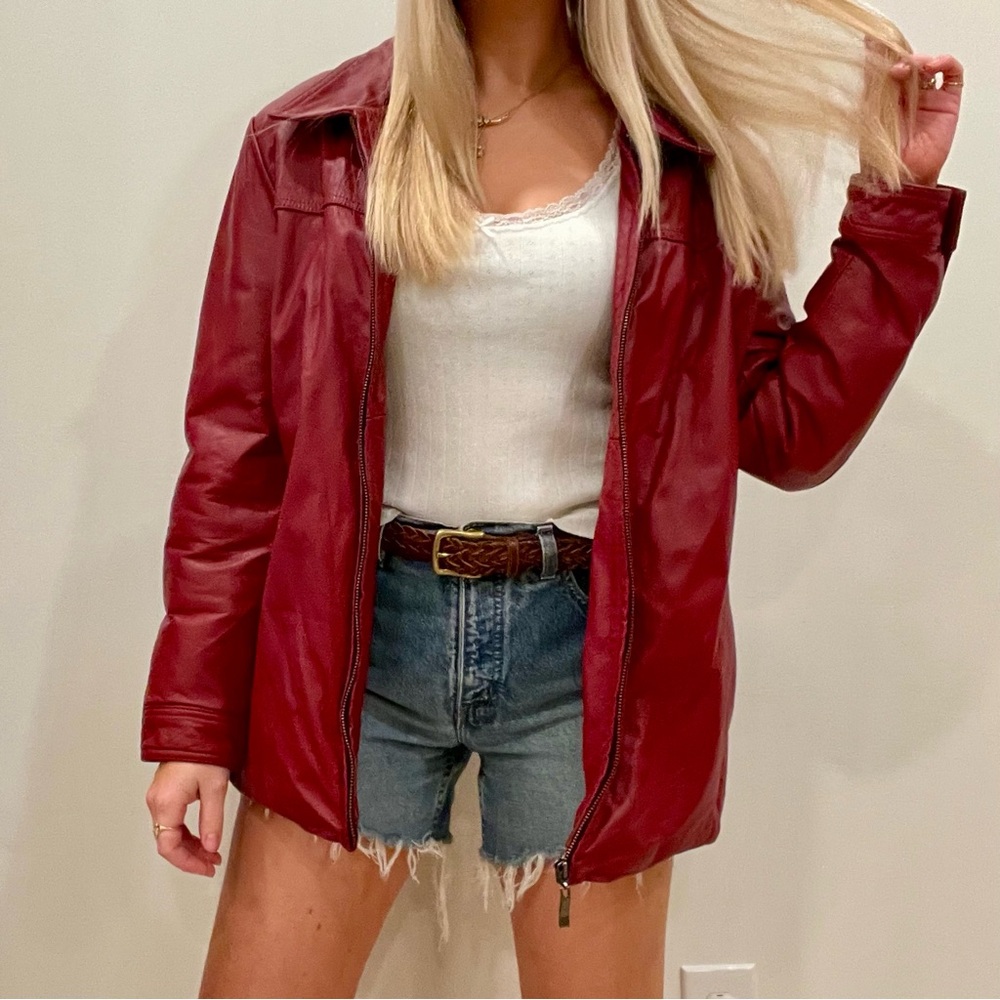 Vintage Leather Collared Zip Up Jacket in Cherry Red